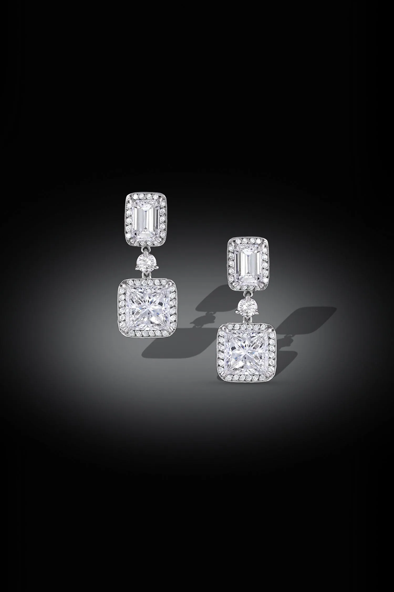 Rivire Platinum Princess and Emerald Diamond Drop Earrings, GIA Certified