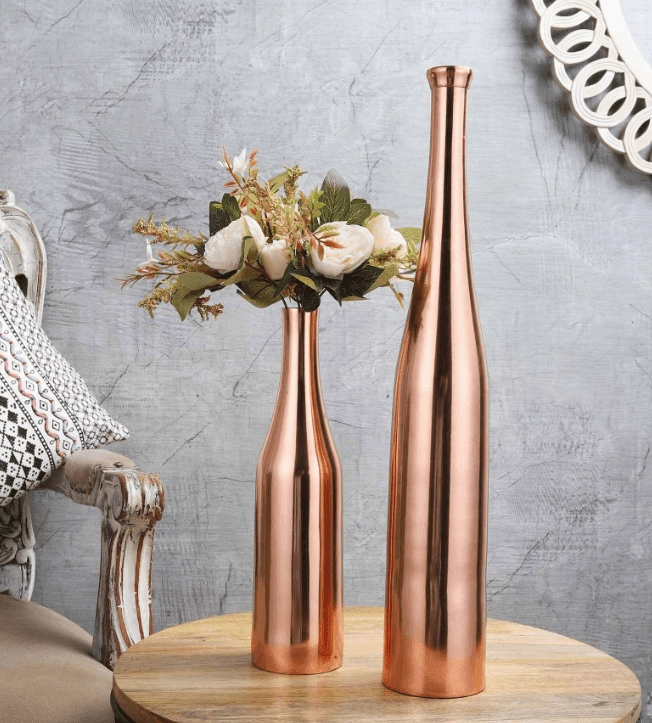 Rose gold Champagne large Bottle Vase Decor de Maison, outdoor greenery  