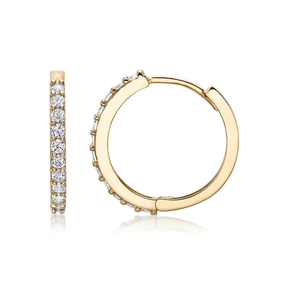 Round Brilliant hoop earrings with diamond simulants in 10 carat yellow gold