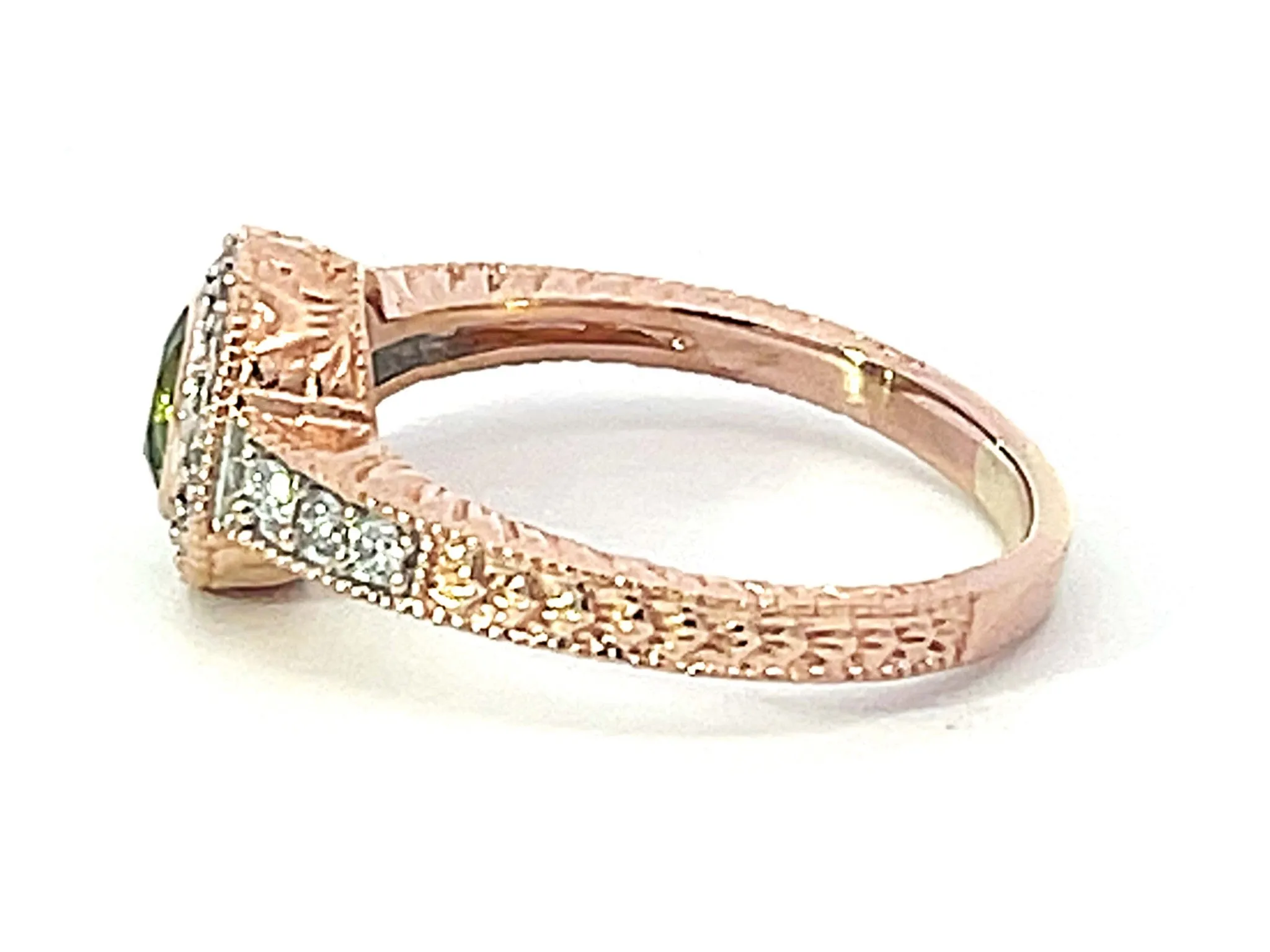 Round Green Peridot and Diamond Halo Ring in 14k Pink Gold