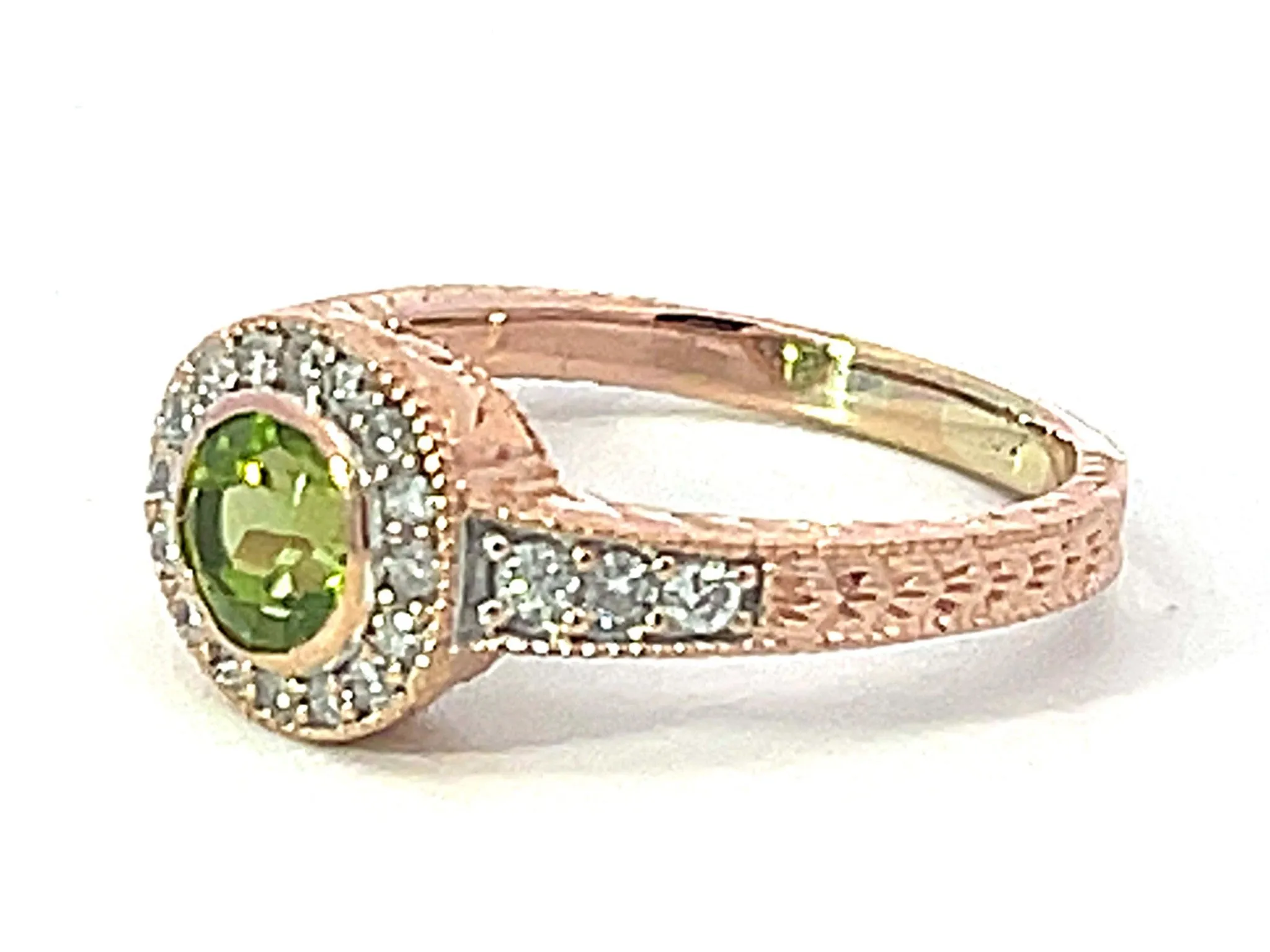 Round Green Peridot and Diamond Halo Ring in 14k Pink Gold