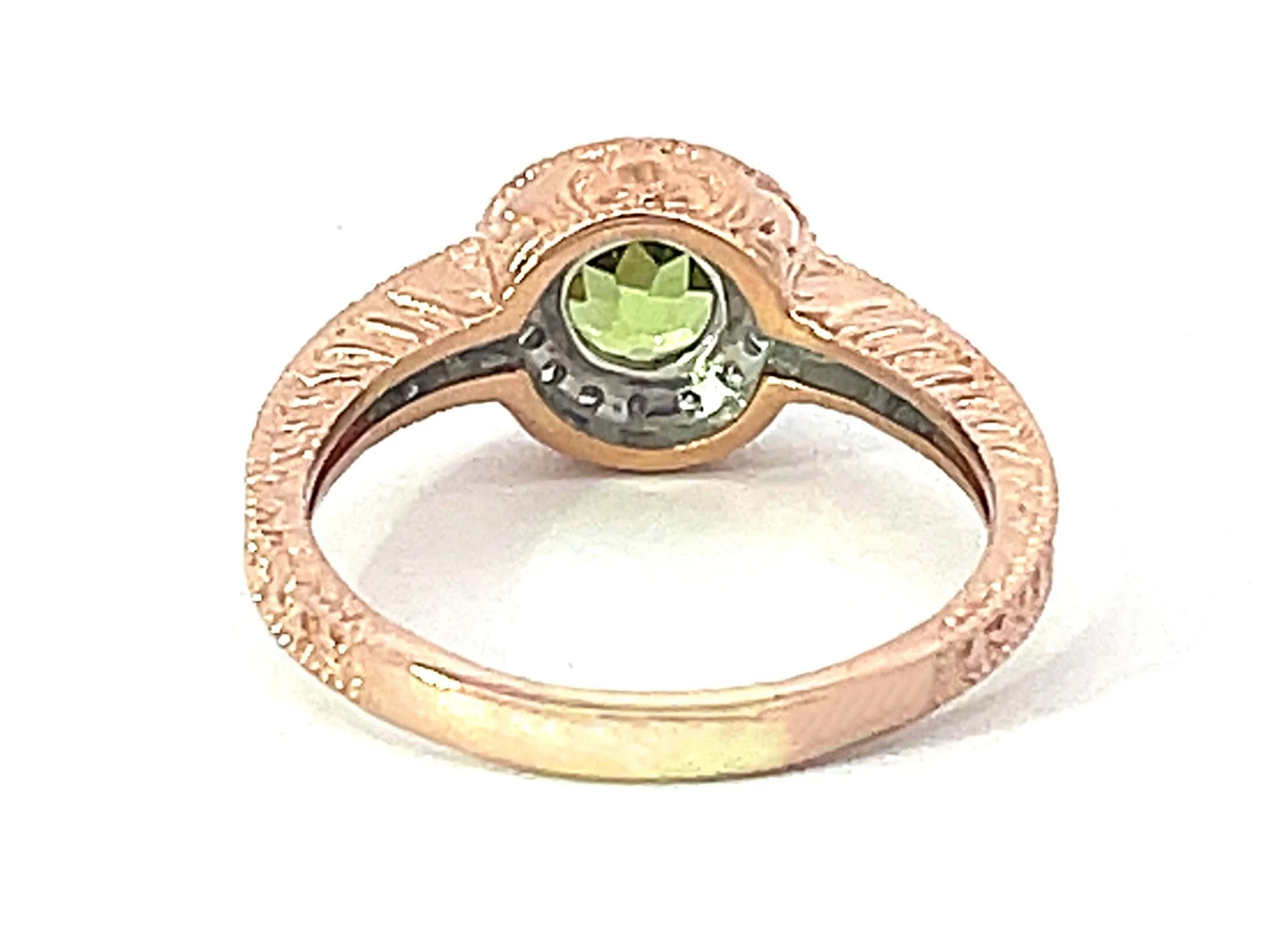 Round Green Peridot and Diamond Halo Ring in 14k Pink Gold