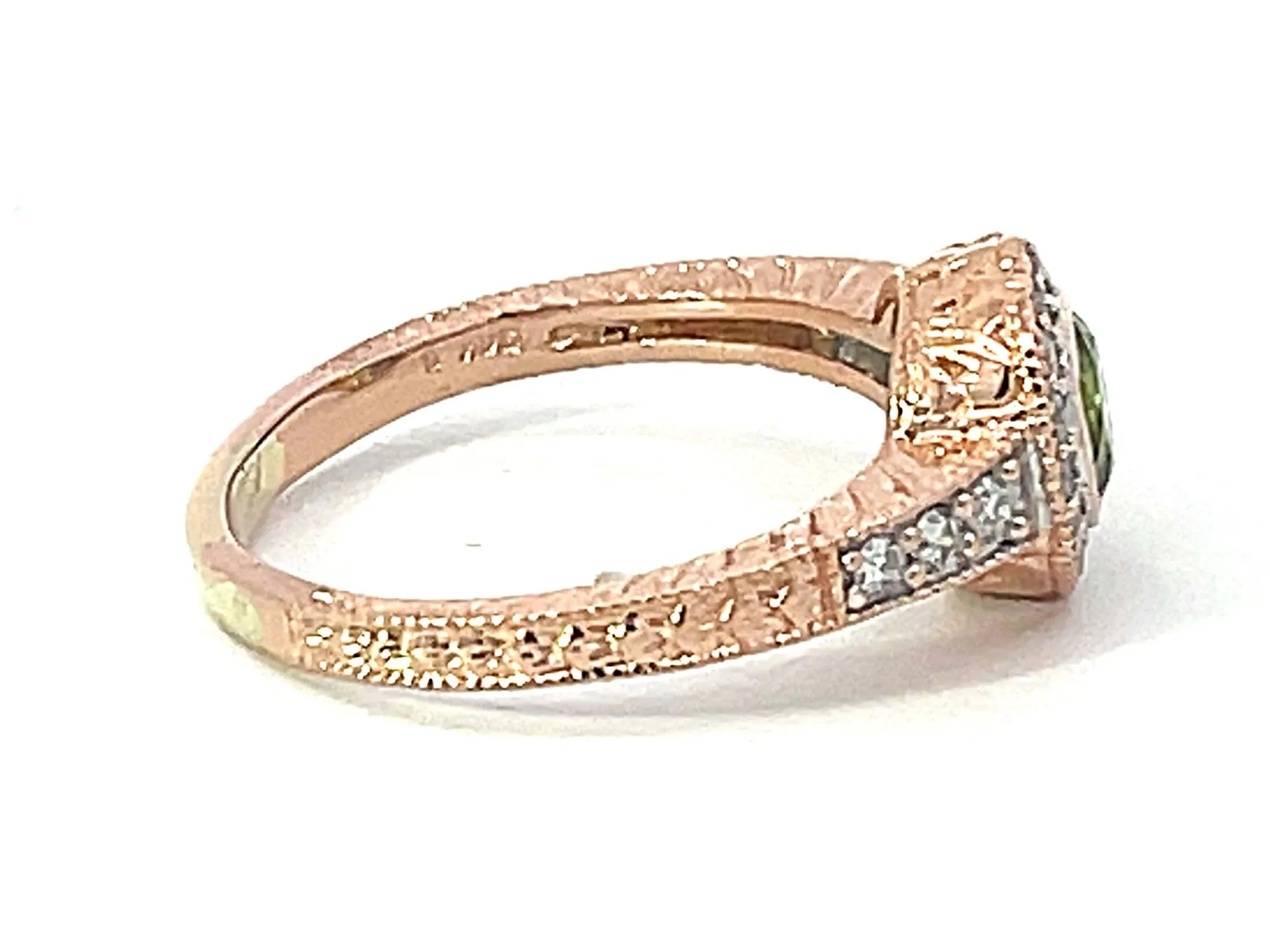 Round Green Peridot and Diamond Halo Ring in 14k Pink Gold