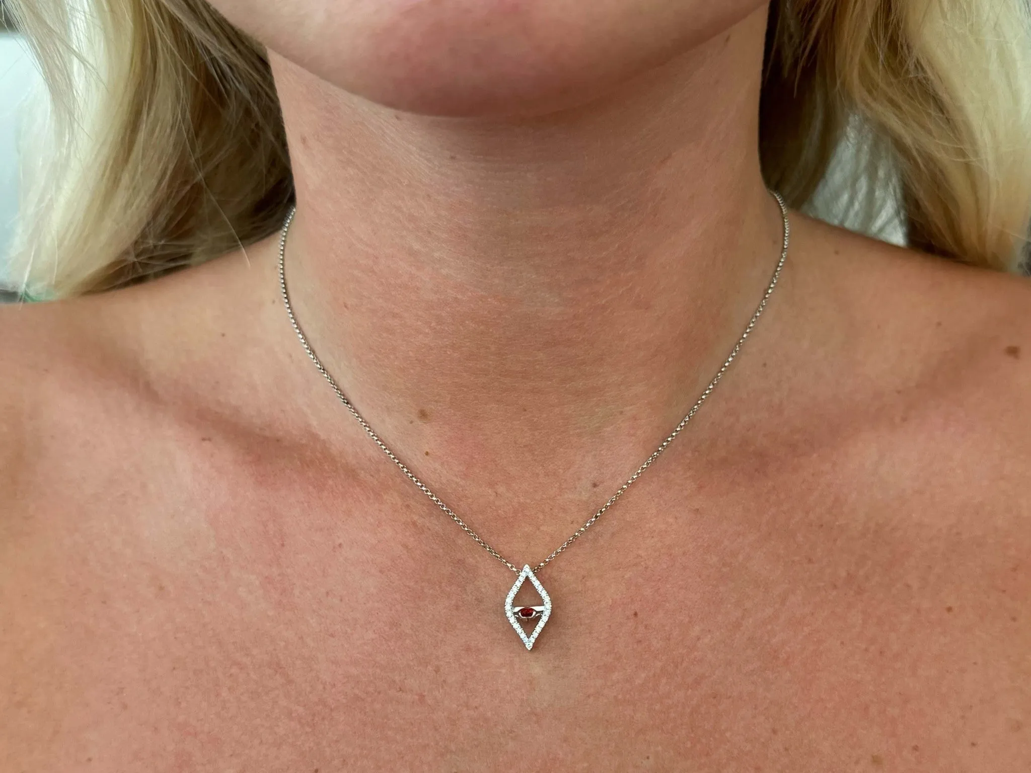 Round Red Orange Garnet Diamond Halo Flame Necklace 18k White Gold