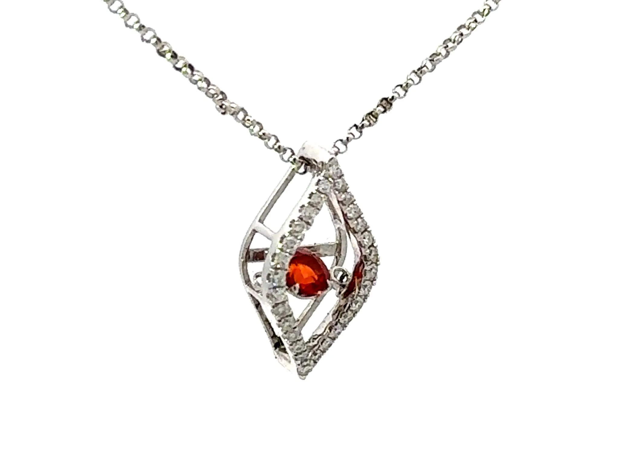 Round Red Orange Garnet Diamond Halo Flame Necklace 18k White Gold