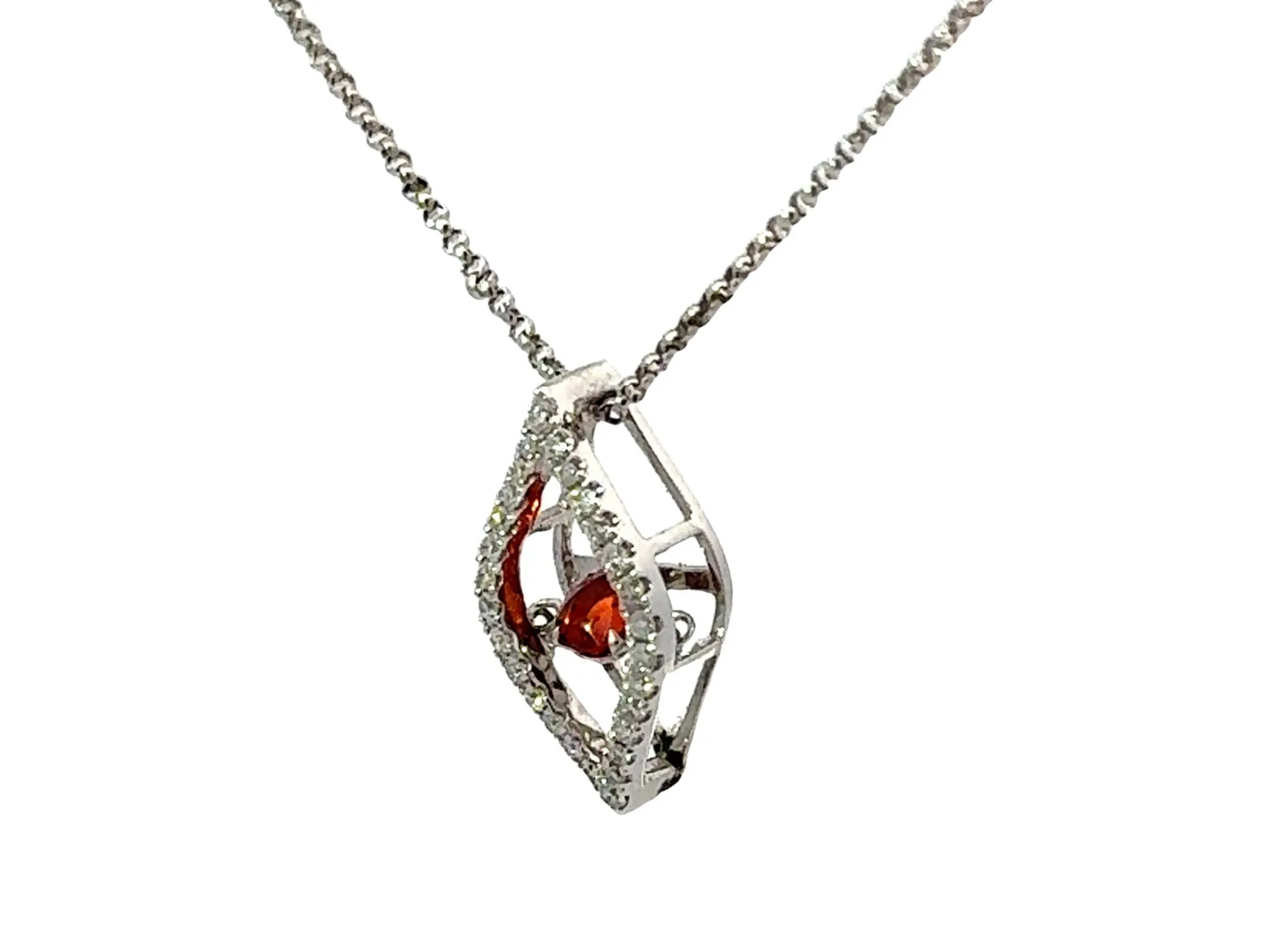 Round Red Orange Garnet Diamond Halo Flame Necklace 18k White Gold
