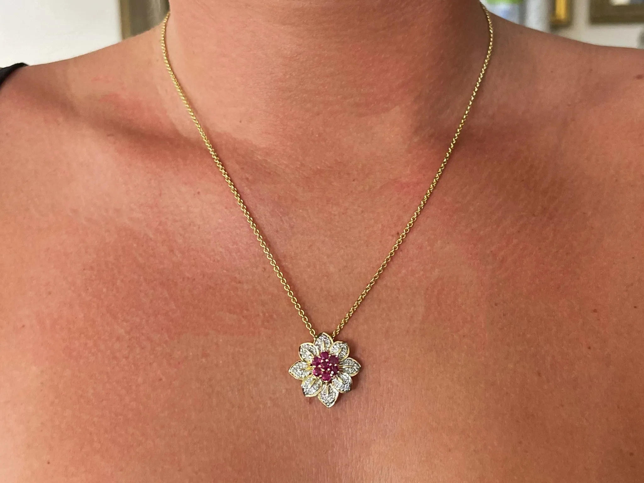 Ruby and Diamond Flower Necklace Solid 18k Yellow Gold