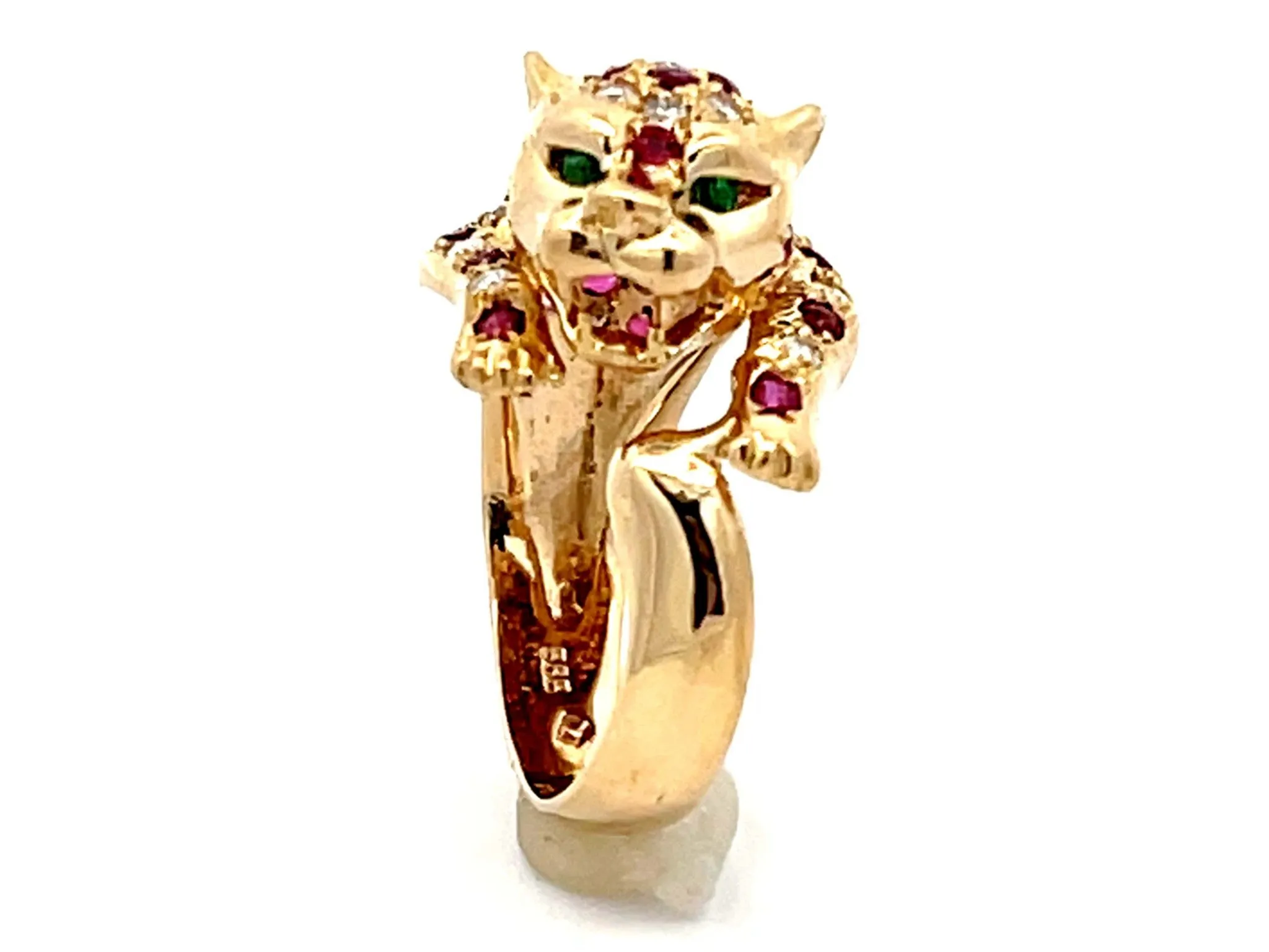 Ruby Diamond Emerald Eye Jaguar Ring 14k Yellow Gold