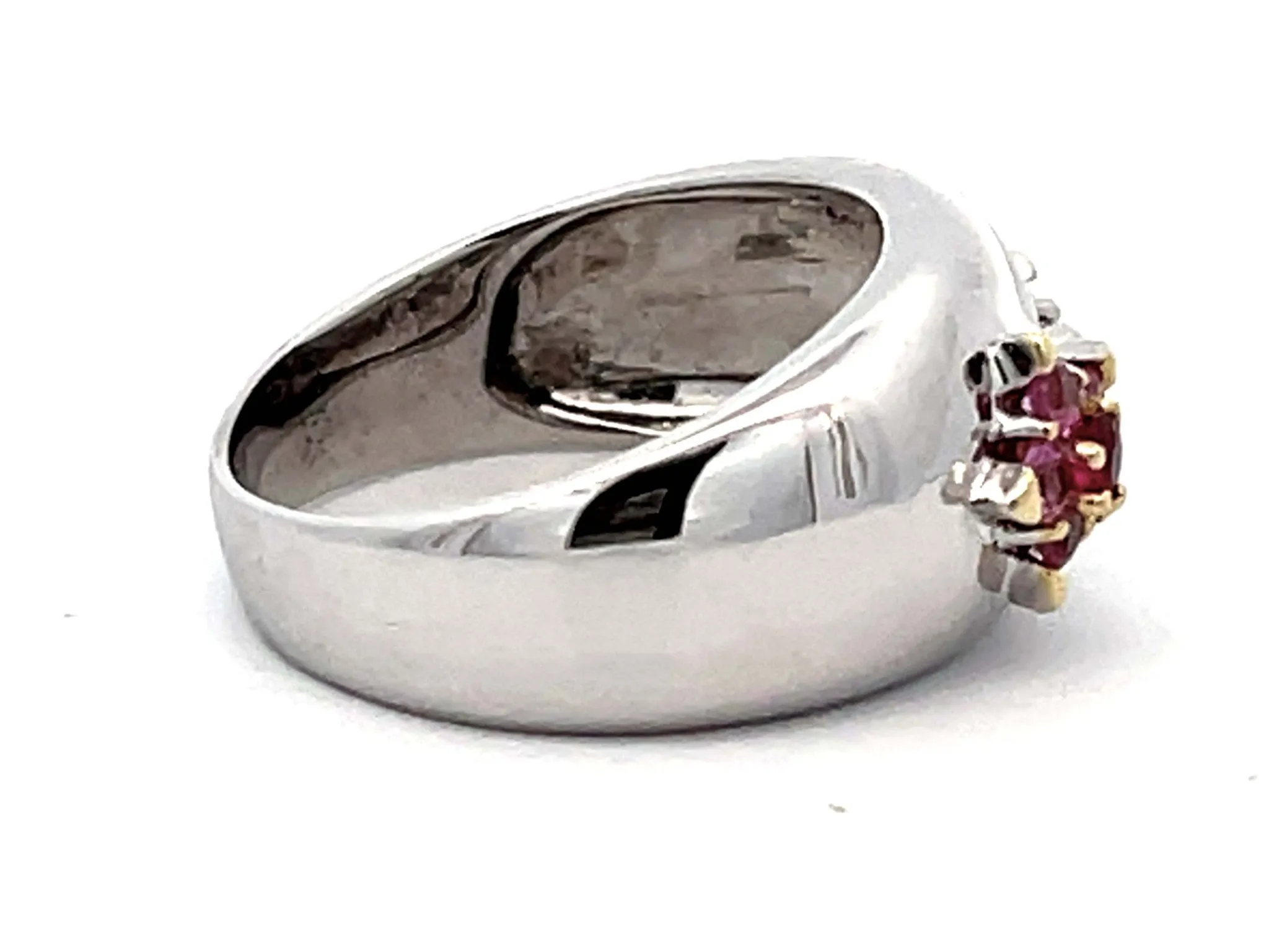Ruby, Pink Sapphire, White and Yellow Diamond Flower Dome Ring 18k White Gold