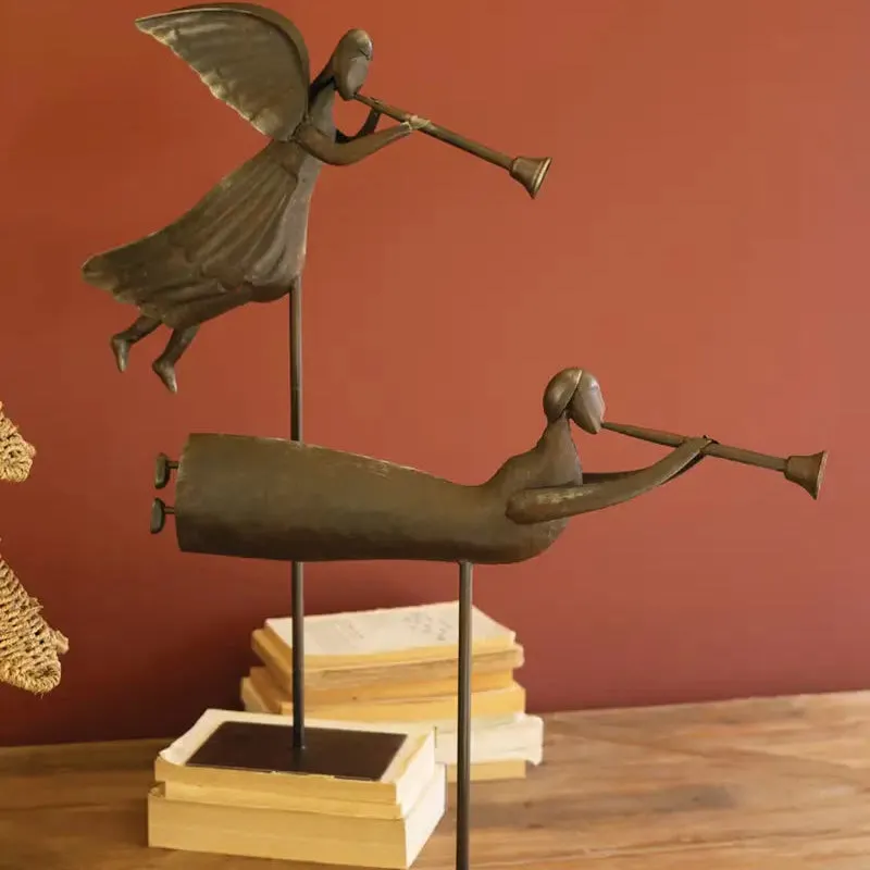 Rustic Metal Folk Art Angels Set dried flowers  