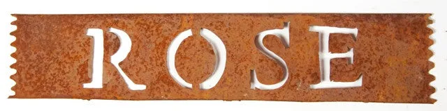 Rustic Metal Yard Stake Sign Says "ROSE" dried flower branch  