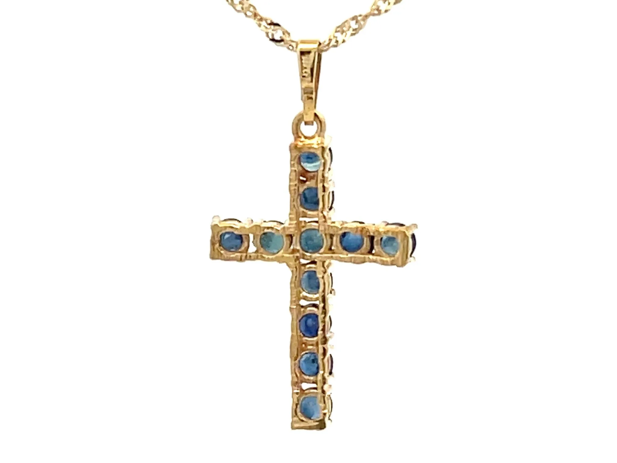 Sapphire Cross Pendant and Disco Chain 14k Yellow Gold