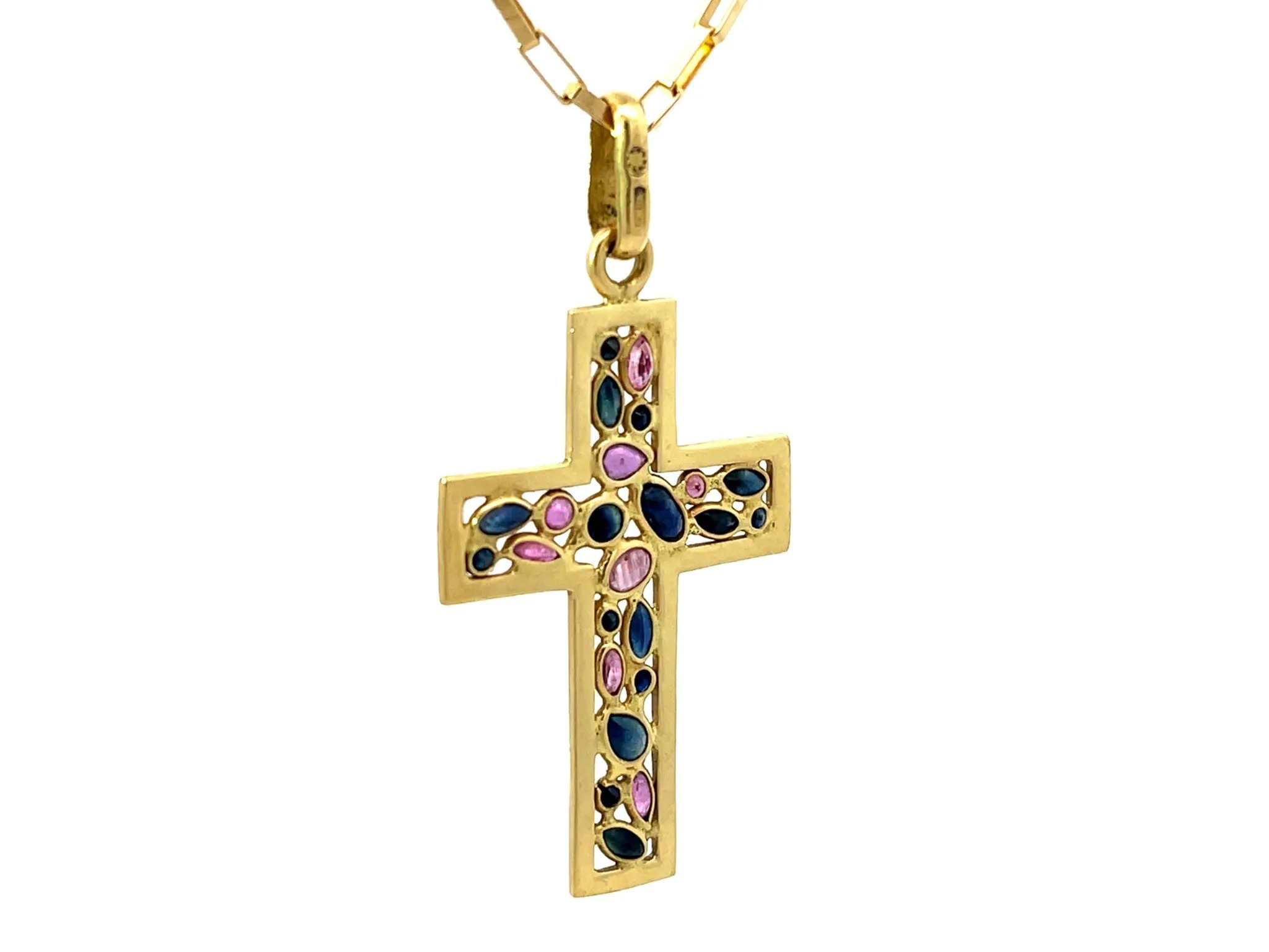 Sapphire Ruby Cross Pendant and Chain Solid 18k Yellow Gold