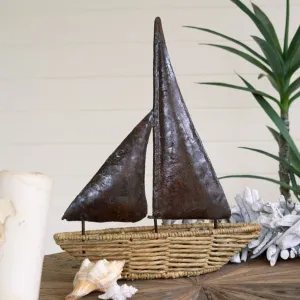 Seagrass Boat With Rustic Metal Sail dried flowers  