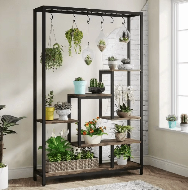 Seller Wellston 70.86 in. Brown 5-Tier Wooden Indoor Plant Stand, Tall Flower Rack with 10-Hook
