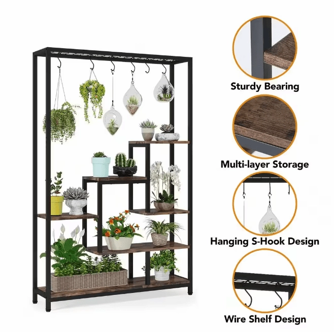 Seller Wellston 70.86 in. Brown 5-Tier Wooden Indoor Plant Stand, Tall Flower Rack with 10-Hook