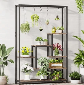 Seller Wellston 70.86 in. Brown 5-Tier Wooden Indoor Plant Stand, Tall Flower Rack with 10-Hook cactus succulent plant  