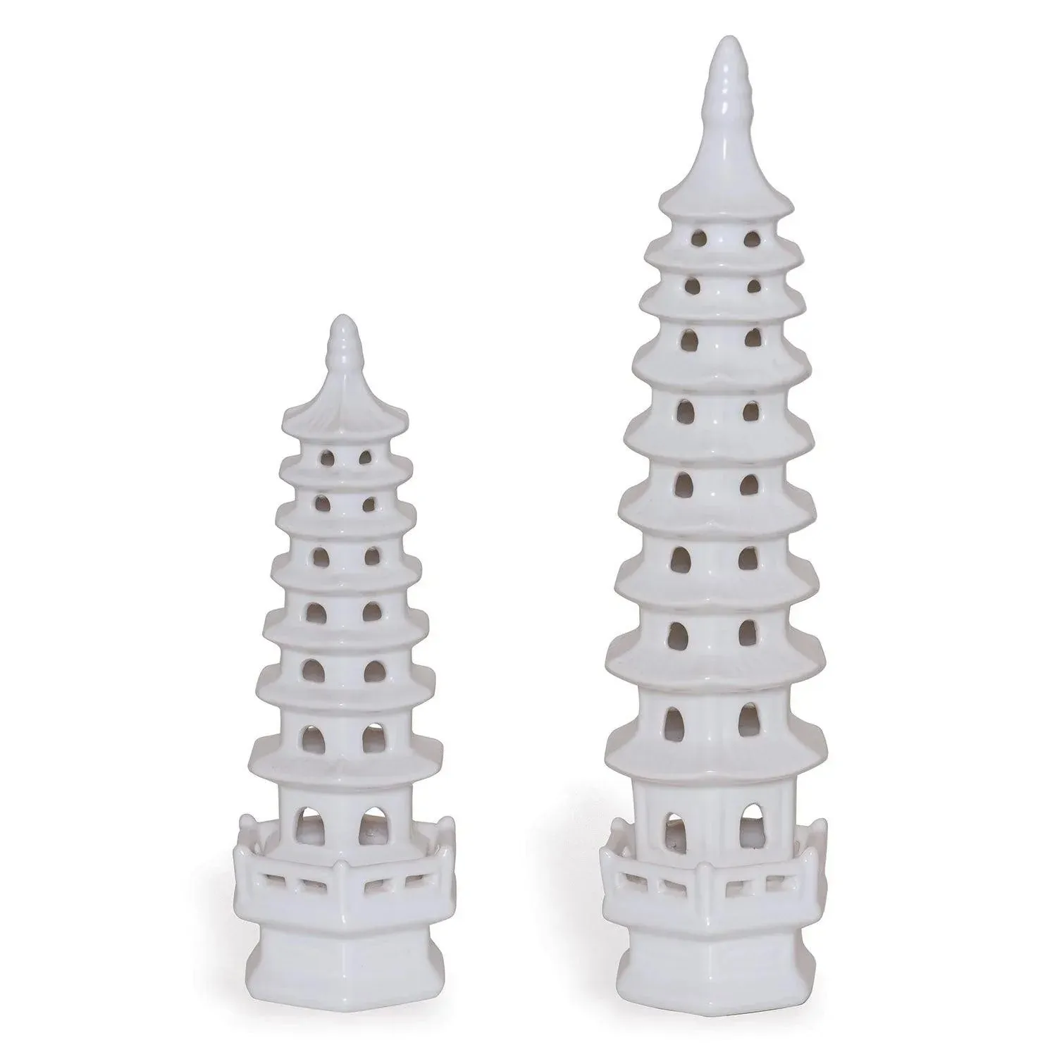 Set of 2 Tall Matte White Glaze Porcelain Pagodas