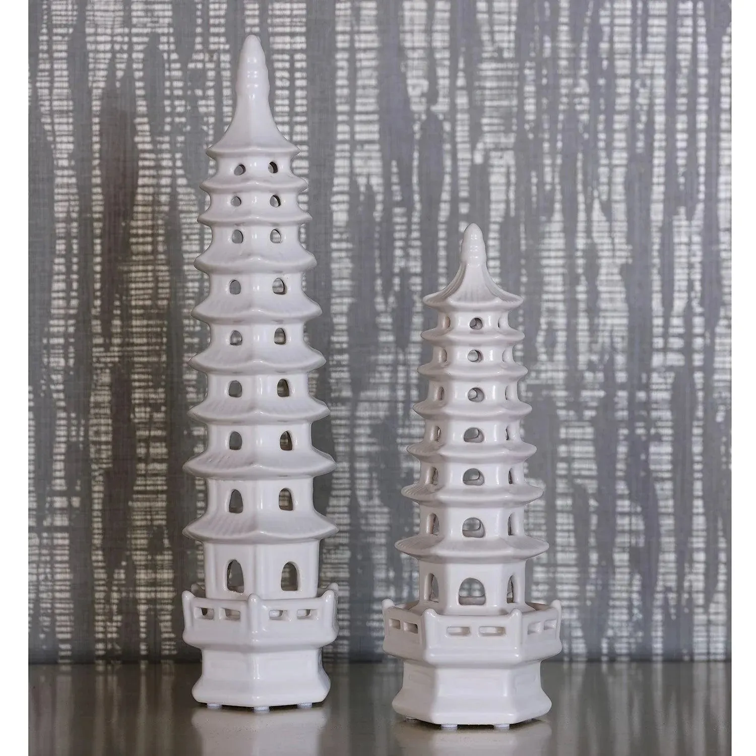 Set of 2 Tall Matte White Glaze Porcelain Pagodas