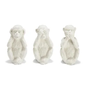 Set of 3 Decorative White Porcelain No Evil Monkeys dried flowers  