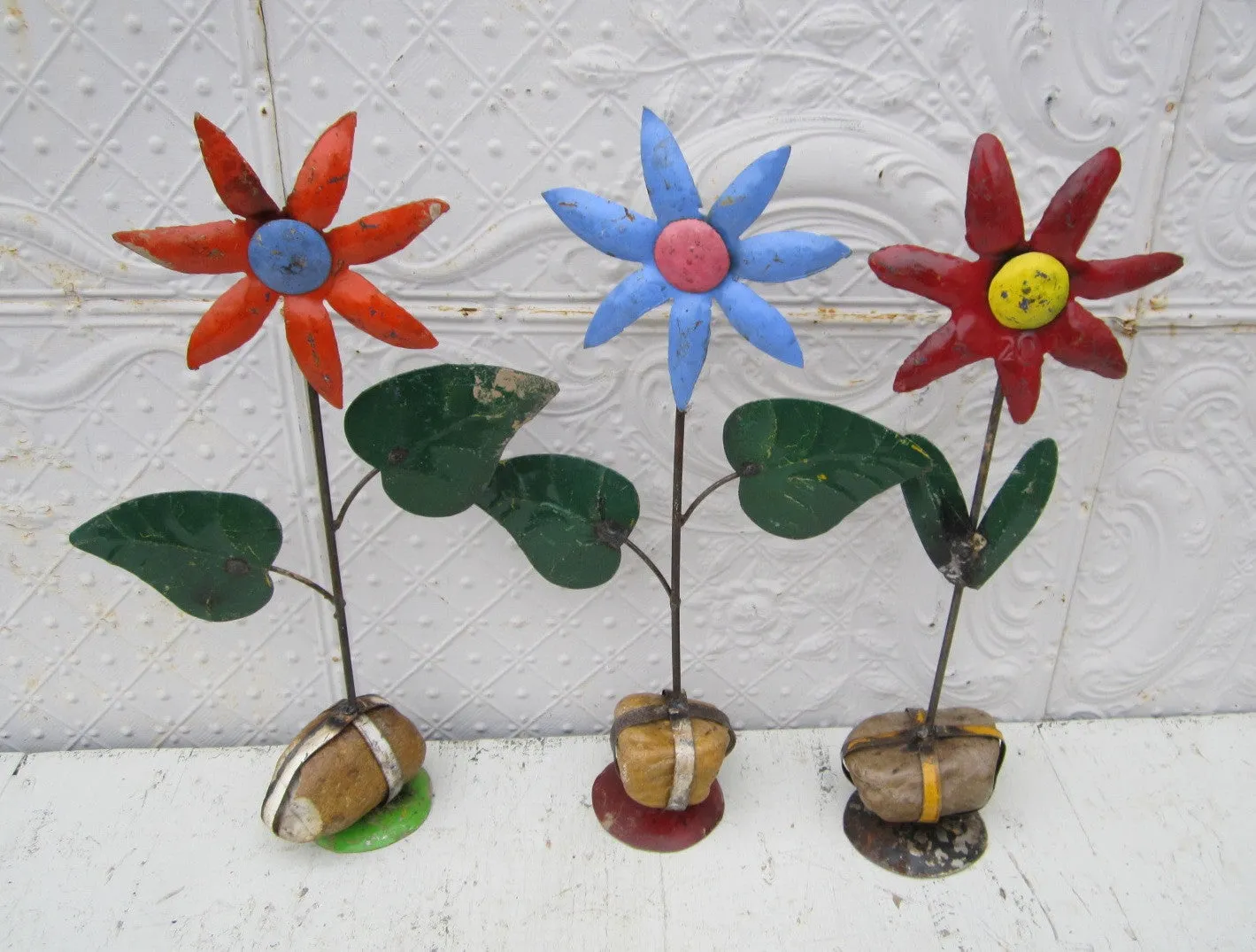 Set of 3 Metal Flowers on Rock Bases dried flower branch  