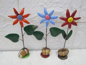 Set of 3 Metal Flowers on Rock Bases dried flower branch  