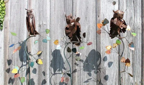Set of 3 Owls on Stands dried flower branch  
