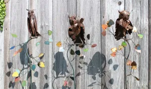 Set of 3 Owls on Stands dried flower branch  
