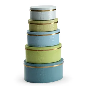 Set of Five Blue & Green Oval Boxes dried flowers  