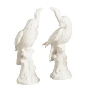 Set of Two Hand Painted Ceramic Parrots in White dried flowers  