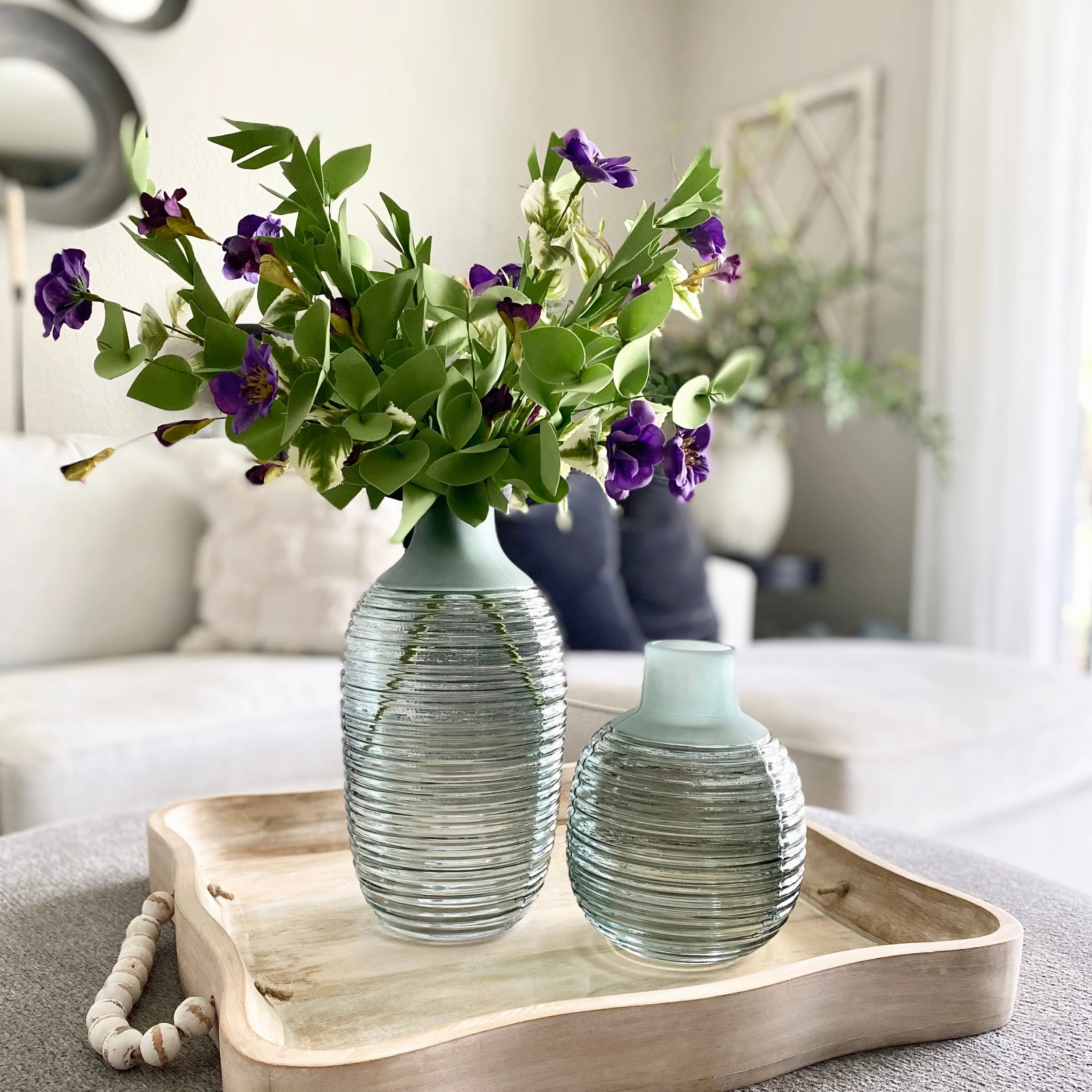 Set/2 Frosted Sage Green Ribbed Bottleneck Vases