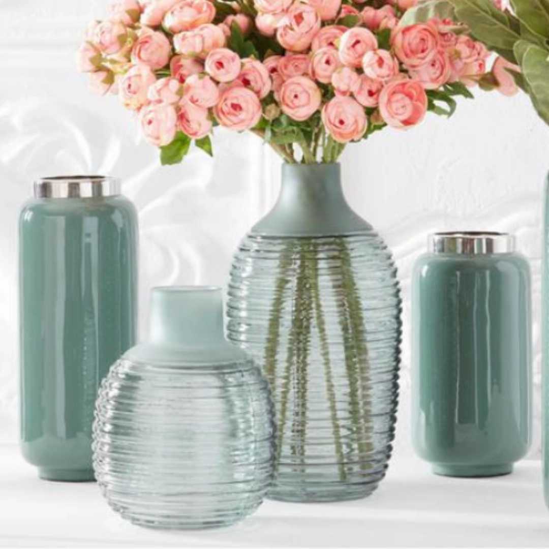 Set/2 Frosted Sage Green Ribbed Bottleneck Vases
