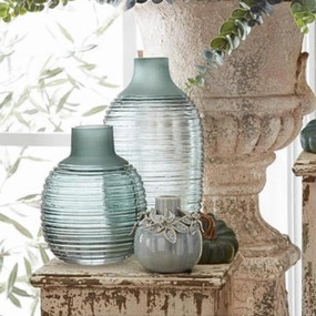 Set/2 Frosted Sage Green Ribbed Bottleneck Vases outdoor greenery  
