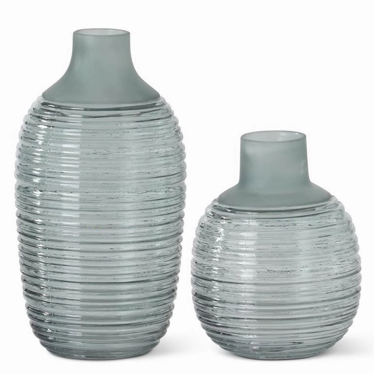 Set/2 Frosted Sage Green Ribbed Bottleneck Vases