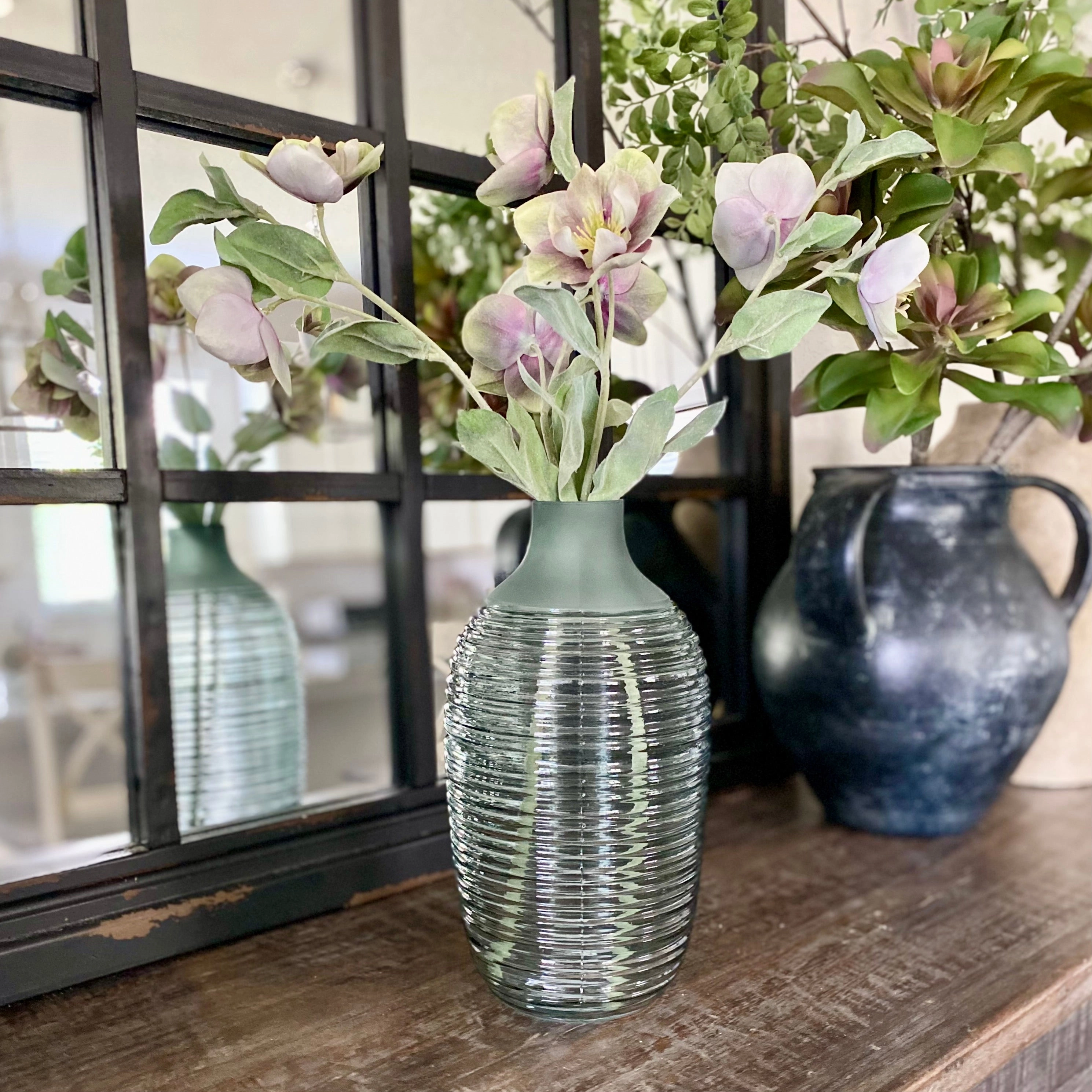 Set/2 Frosted Sage Green Ribbed Bottleneck Vases