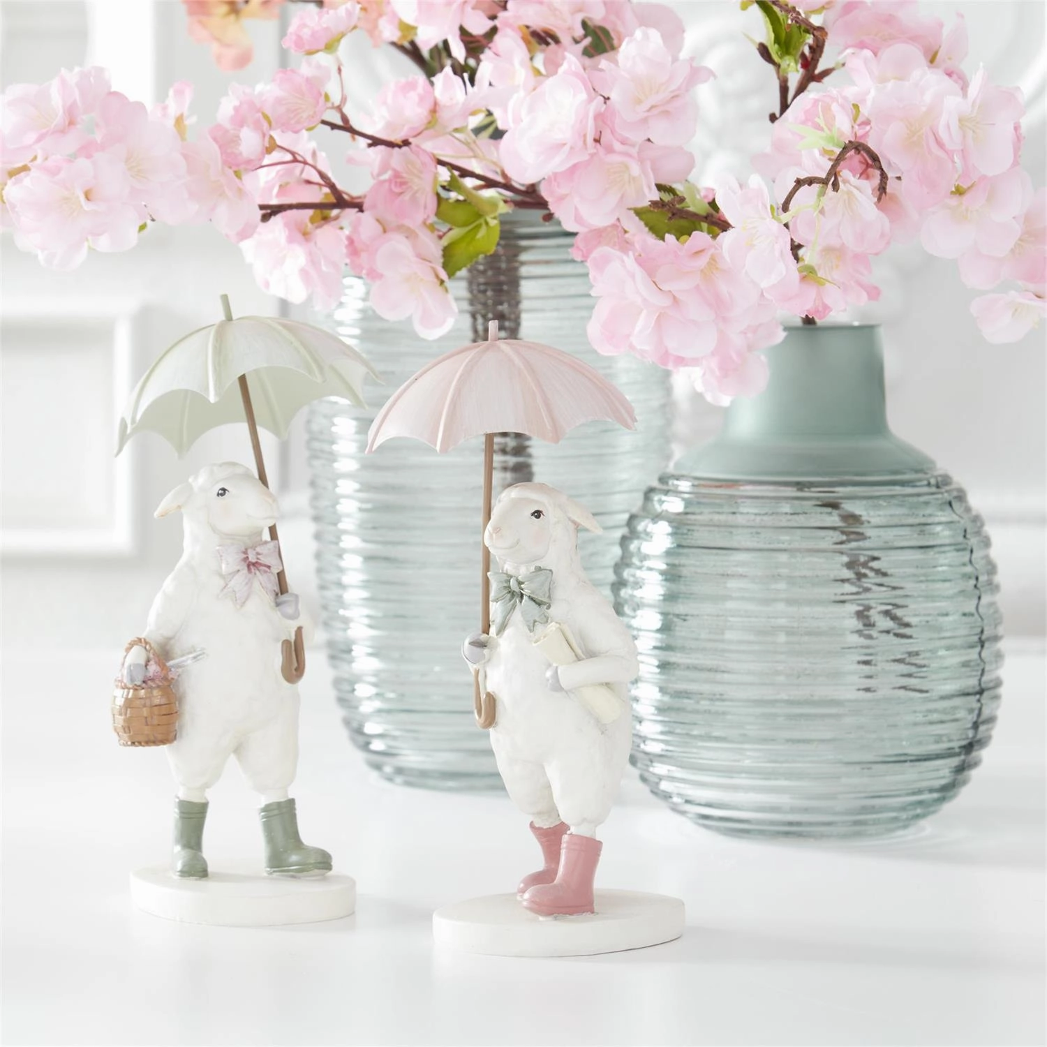Set/2 Frosted Sage Green Ribbed Bottleneck Vases