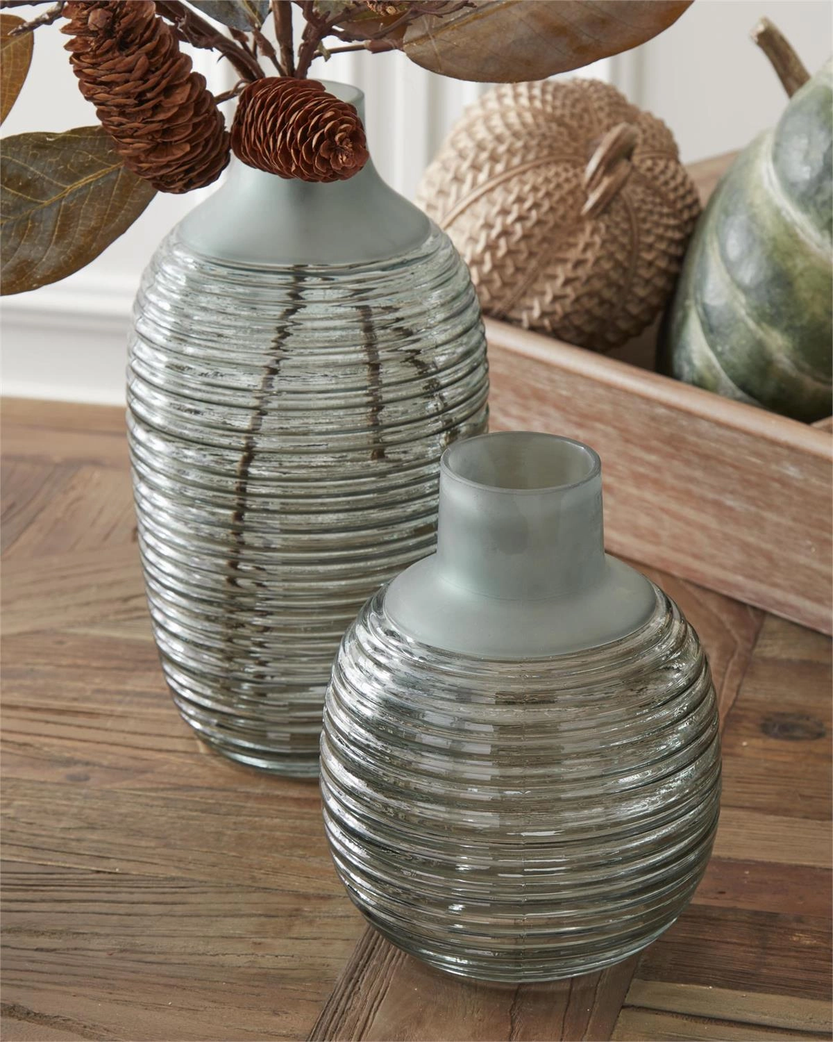 Set/2 Frosted Sage Green Ribbed Bottleneck Vases