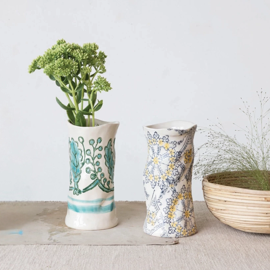 Set/2 Hand-Painted Stoneware Vases outdoor greenery  