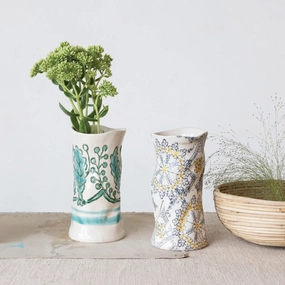 Set/2 Hand-Painted Stoneware Vases outdoor greenery  