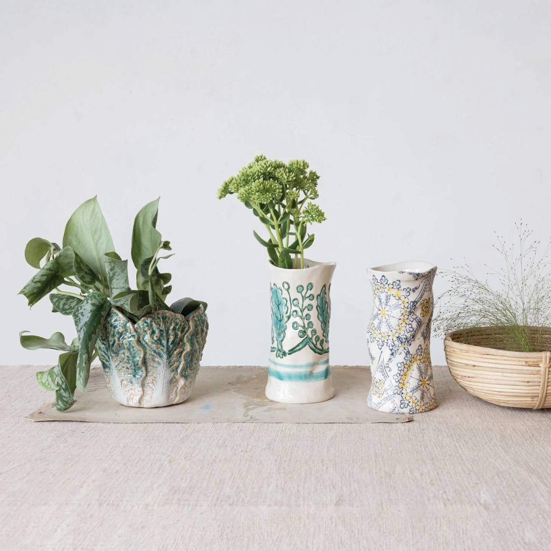 Set/2 Hand-Painted Stoneware Vases