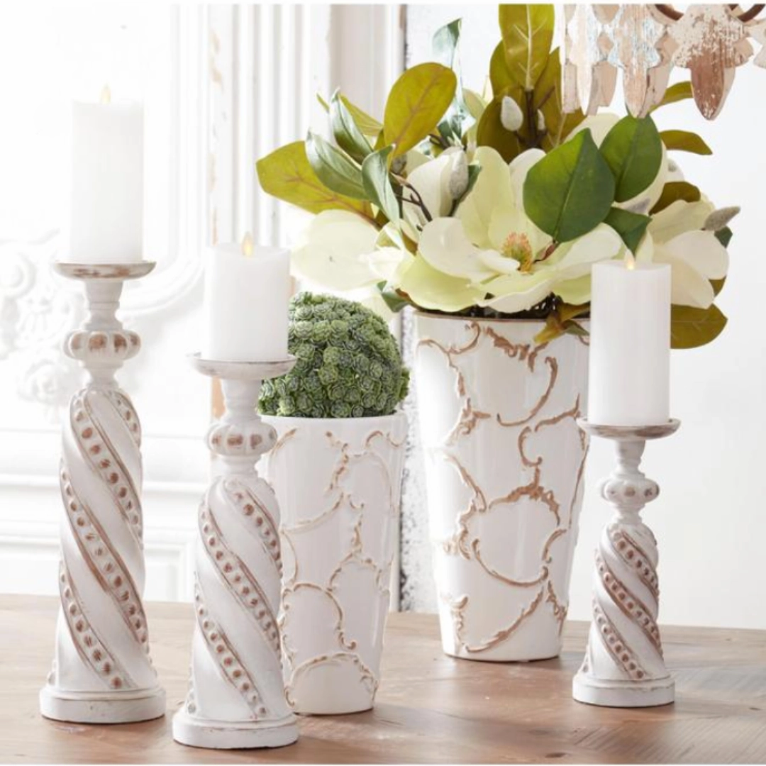 Set/2 White Scroll Embossed Vases