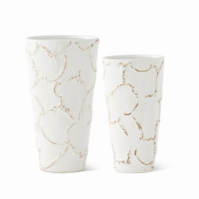 Set/2 White Scroll Embossed Vases outdoor greenery  