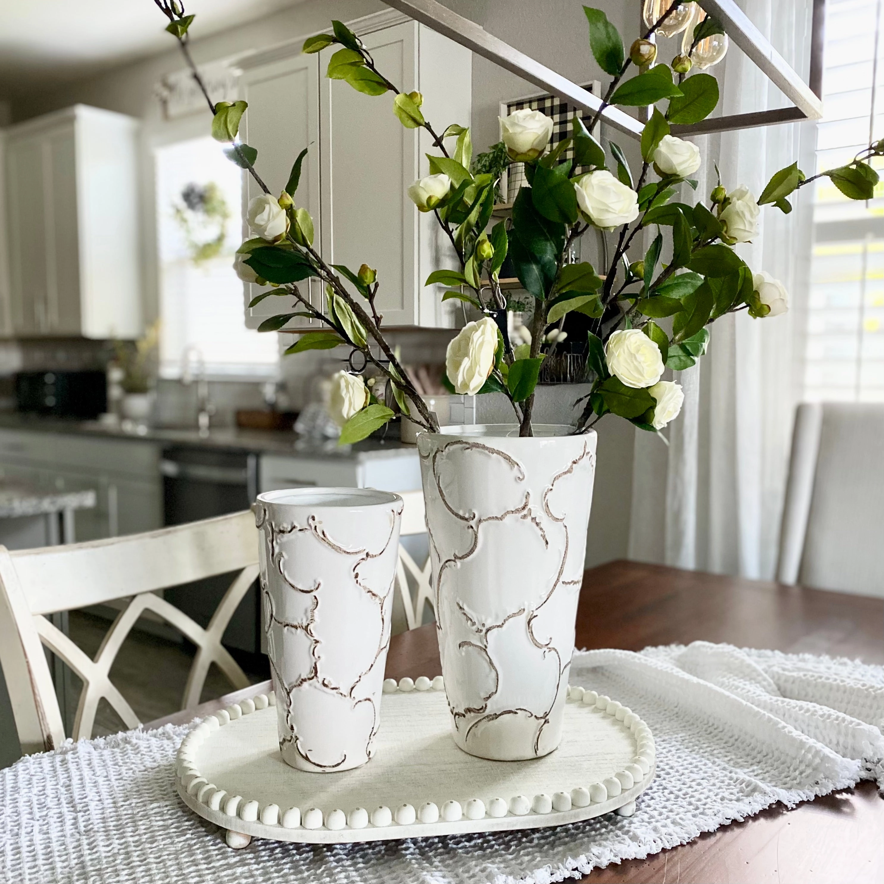 Set/2 White Scroll Embossed Vases