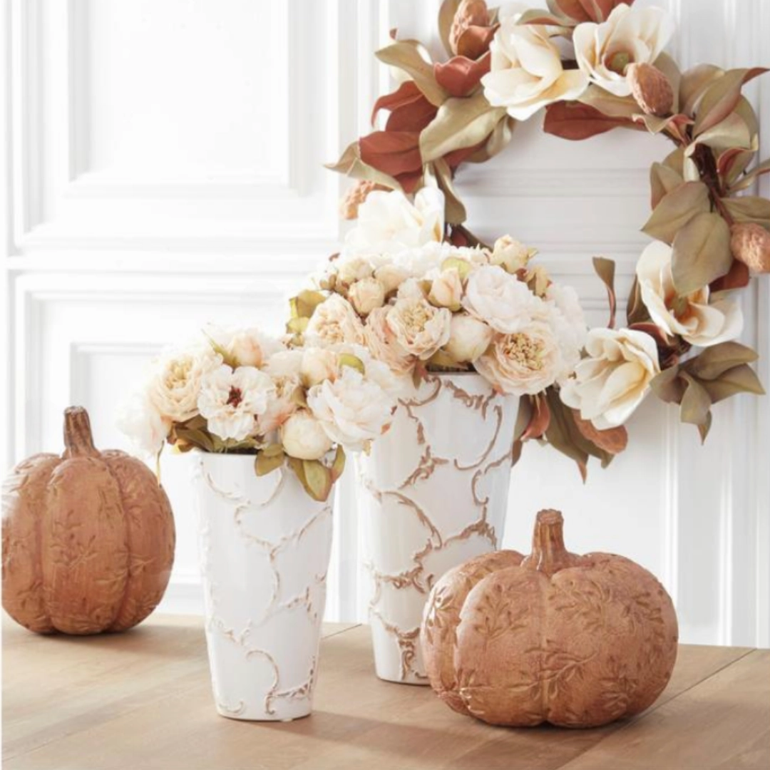 Set/2 White Scroll Embossed Vases