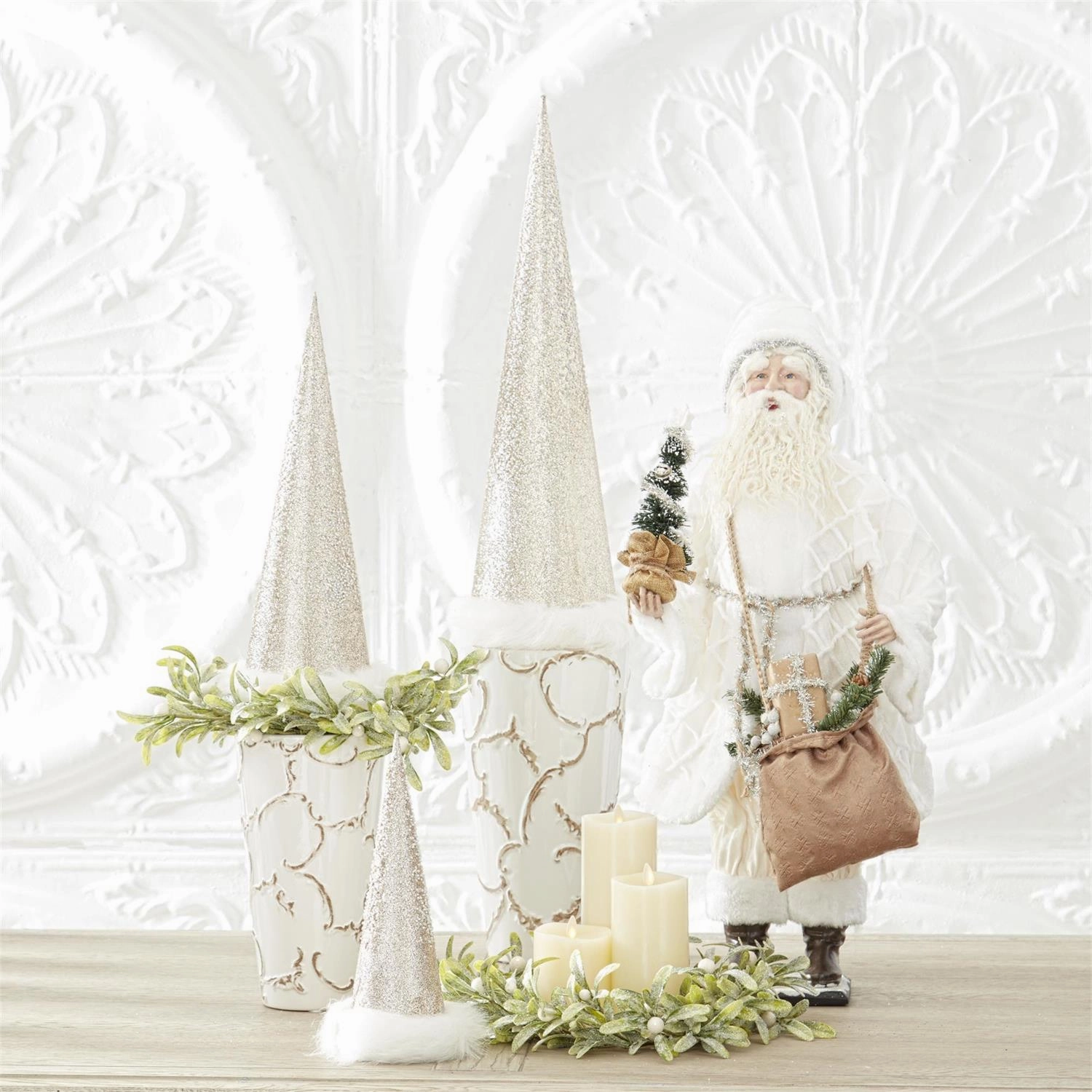 Set/2 White Scroll Embossed Vases