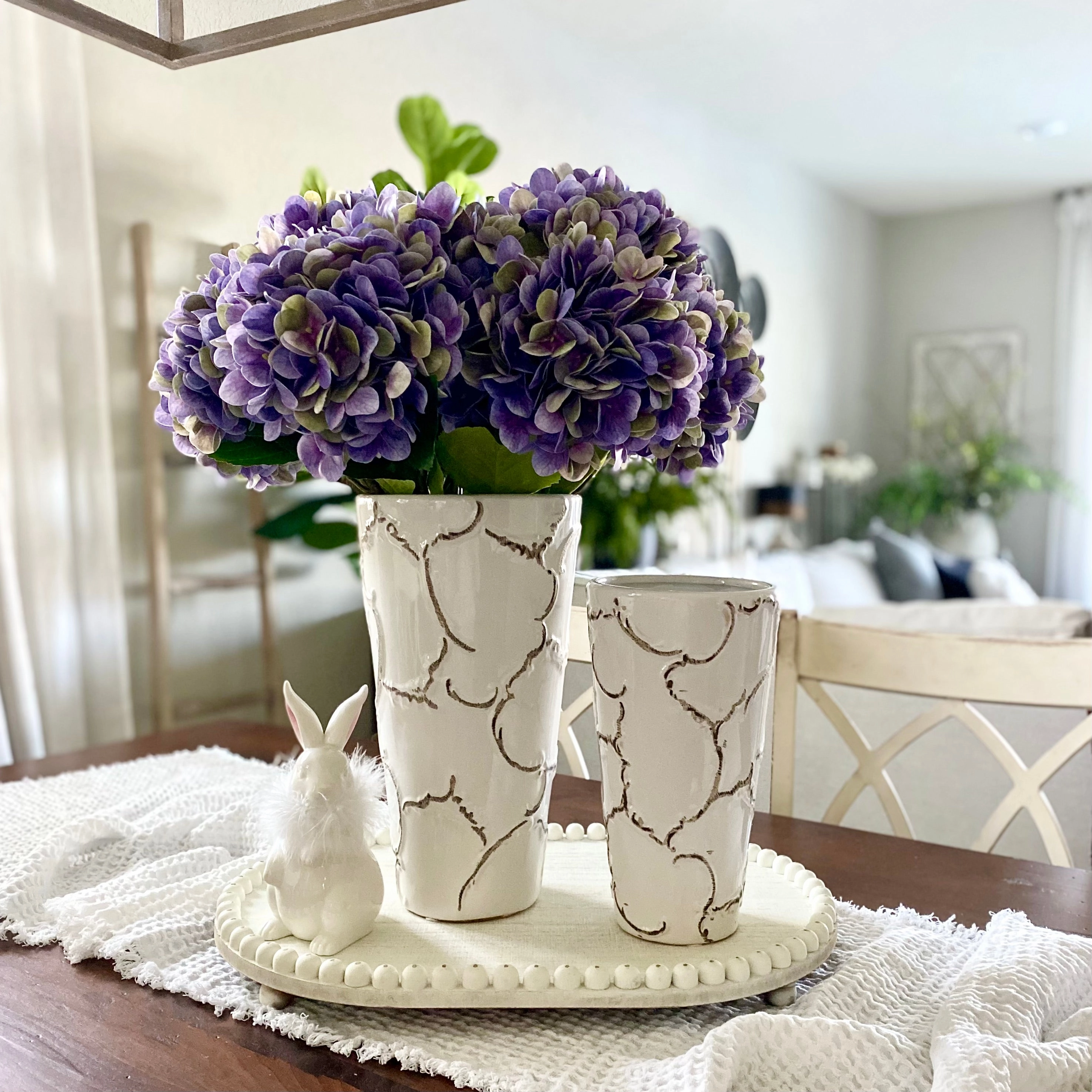 Set/2 White Scroll Embossed Vases