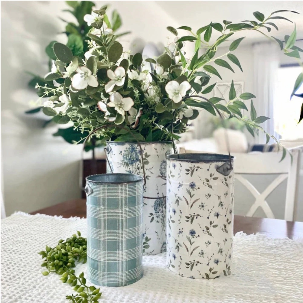 Set/3 Blue & White Metal Pails outdoor greenery  