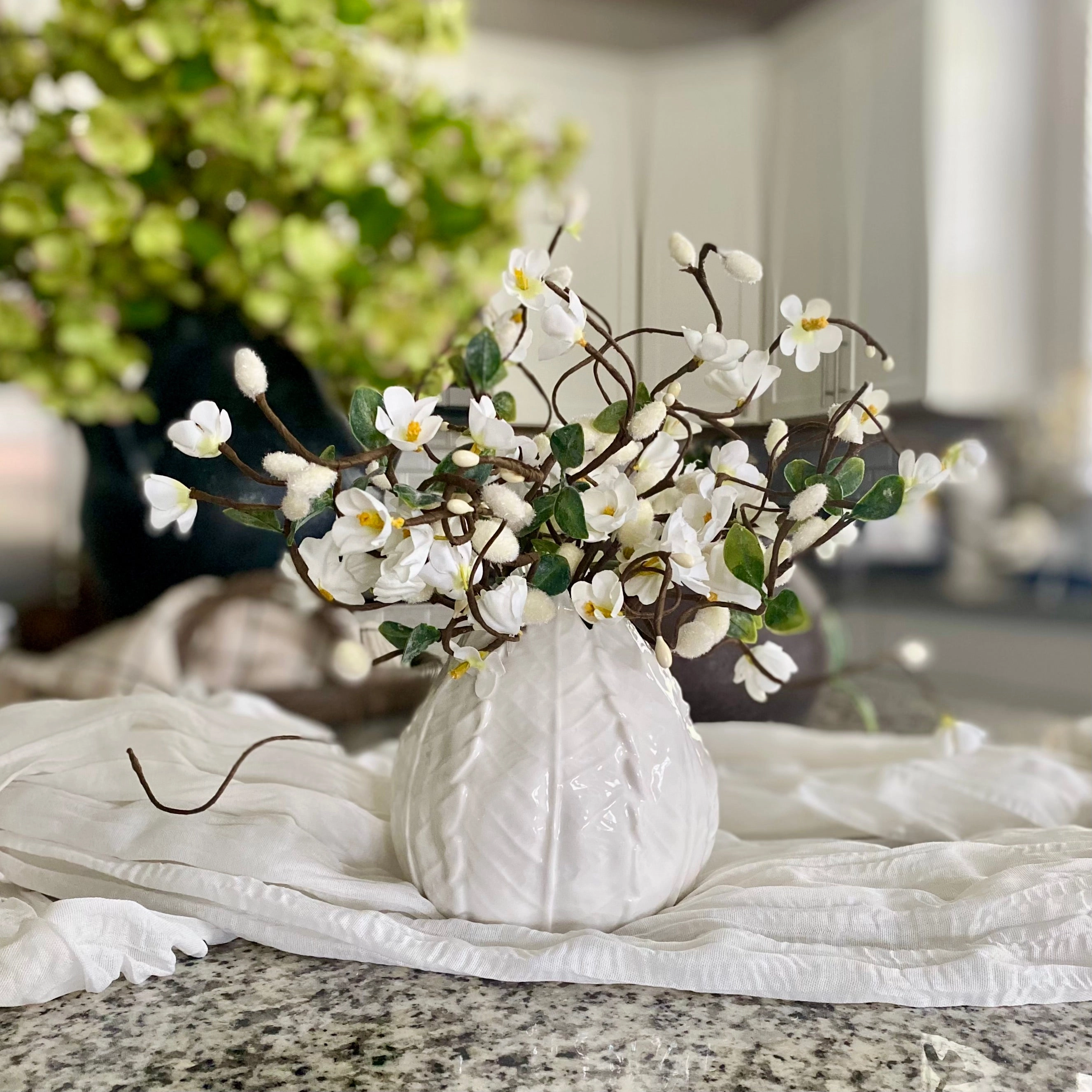 Set/3 White Floral Pussy Willow Picks xl flower pot  