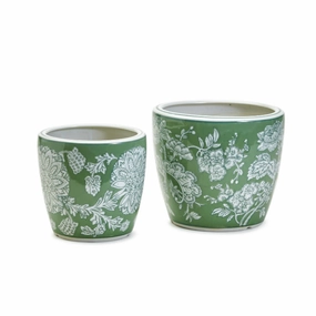 Set of Two Green & White Countryside Cachepots / Vases plant seeds  
