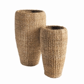 Set of Two Tall Round Seagrass Planters plant seeds  